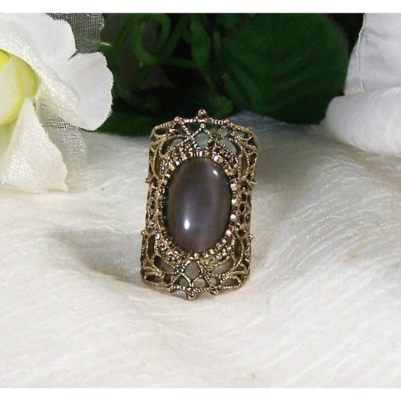 Moonstone Open Back Scalloped Bezel Set Long Knuckle Ring Filigree Brass Size 6 - Picture 1 of 6